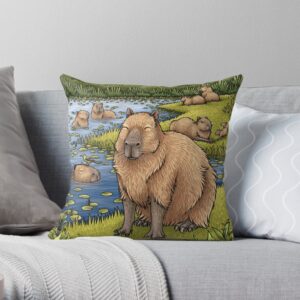 Capybara-themed decorative pillow, colorful nature scene, cozy home decor, square cushion for sofa or bed.