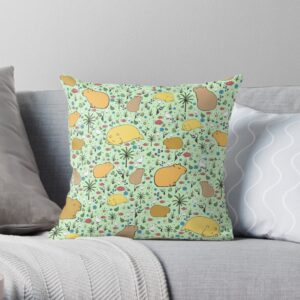 Capybara-themed decorative pillow, green background, playful animal print, cozy addition for sofa or bed.