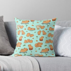 Cute capybara pattern pillow, light blue background, decorative throw cushion for living room or bedroom decor.