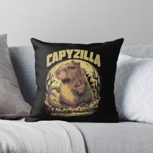 Black "Capyzilla" throw pillow with capybara illustration, perfect for living room decor, cozy and stylish touch.