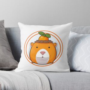 Cartoon guinea pig throw pillow, white with orange design, playful home decor, cozy polyester cushion for sofa or bed.