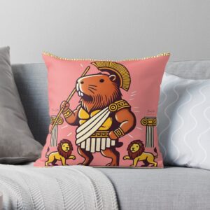 Cartoon capybara warrior print throw pillow, pink background, decorative cushion for living room or bedroom decor.